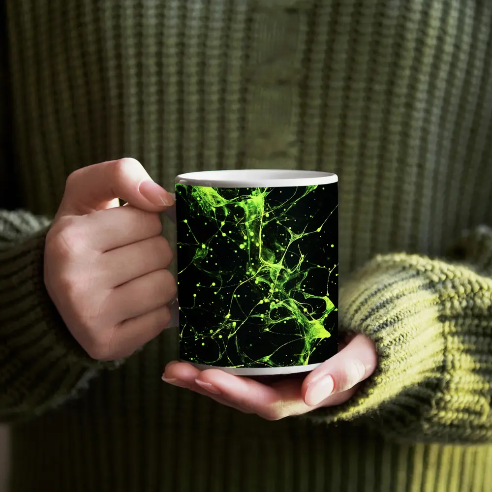 Neon Green Neural Network Dark Background Abstract – Mugs