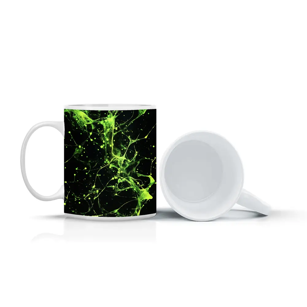 Neon Green Neural Network Dark Background Abstract – Mugs