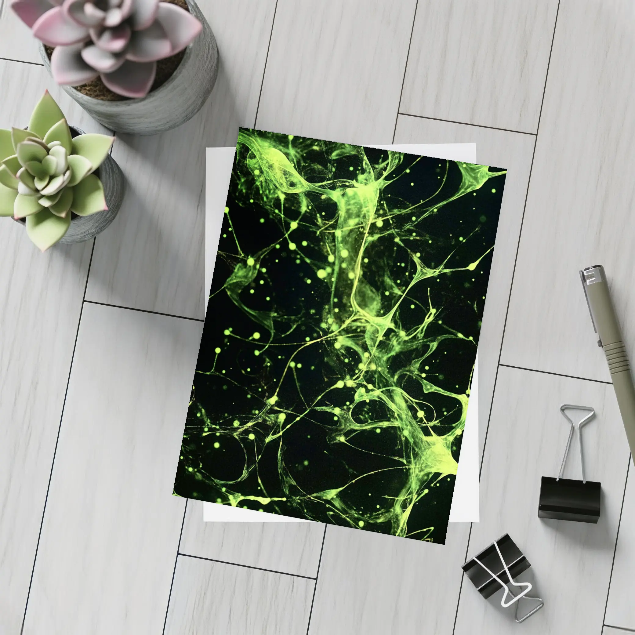 Neon Green Neural Network Dark Background Abstract – Postcards