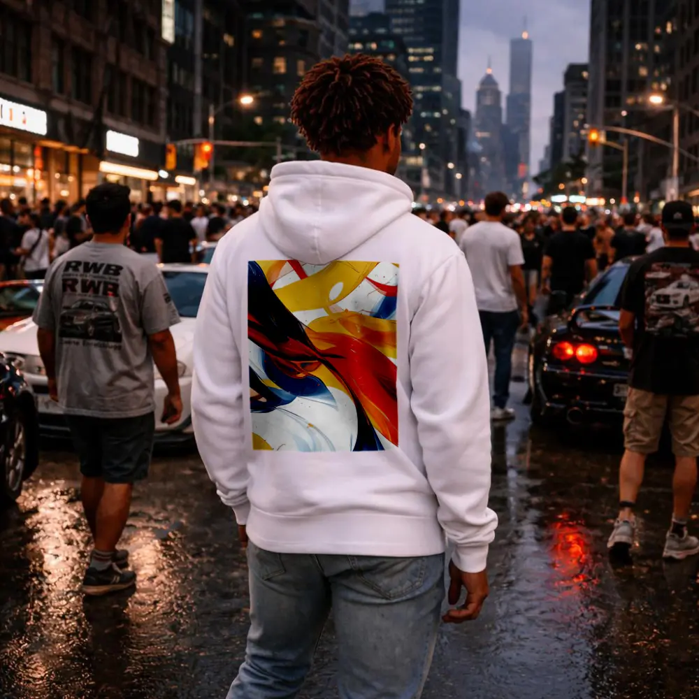 Bold Abstract Swirls Red Yellow Blue White – Hoodies