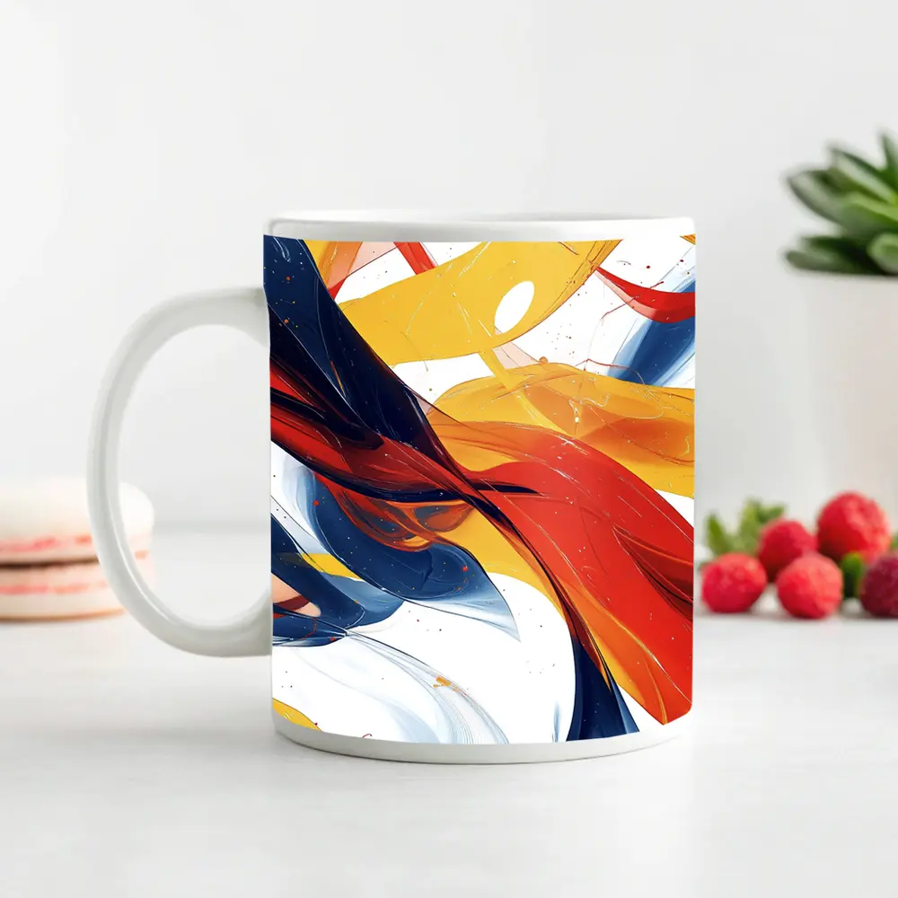 Bold Abstract Swirls Red Yellow Blue White – Mugs