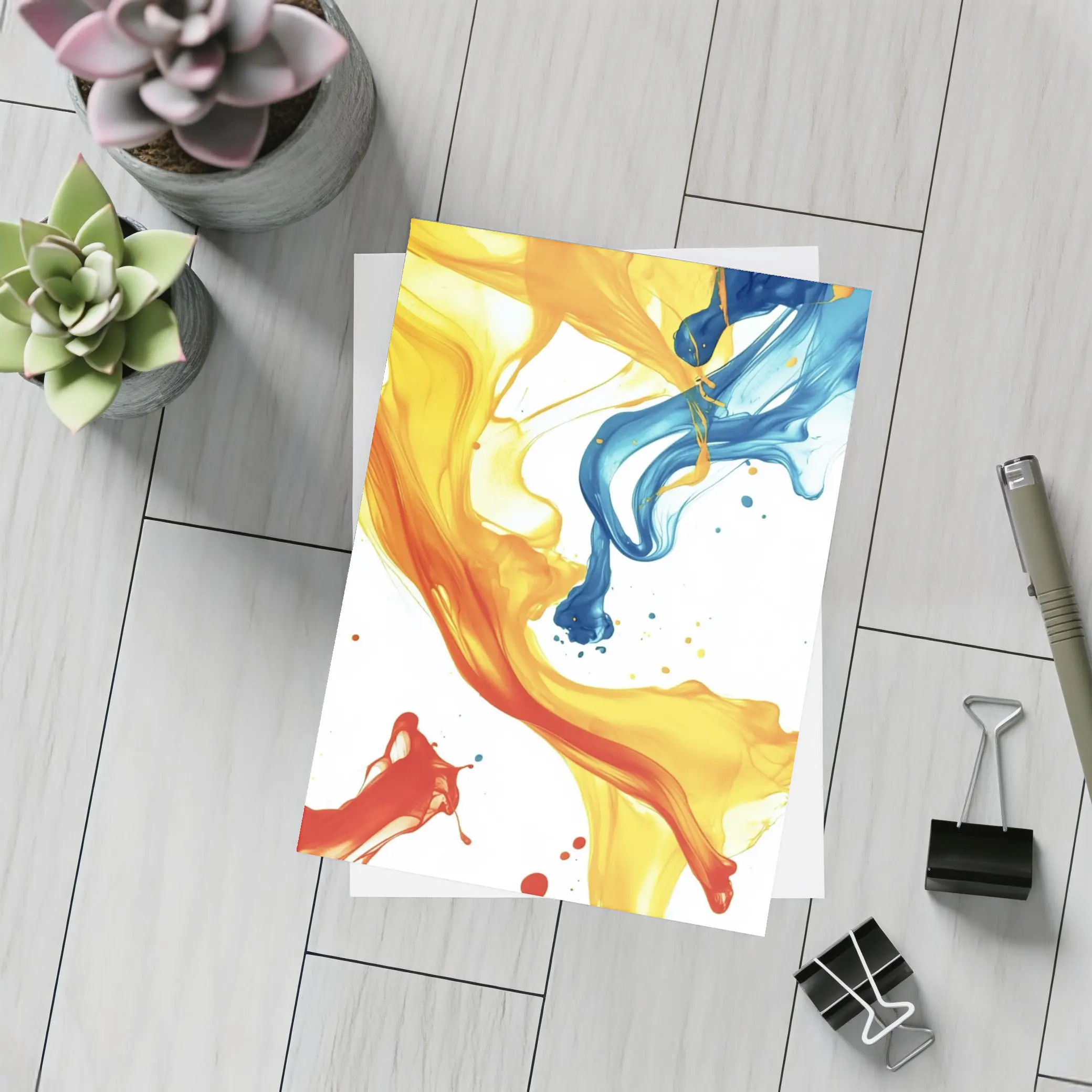 Blue Yellow Red Paint Splash Abstract Art – Postcards