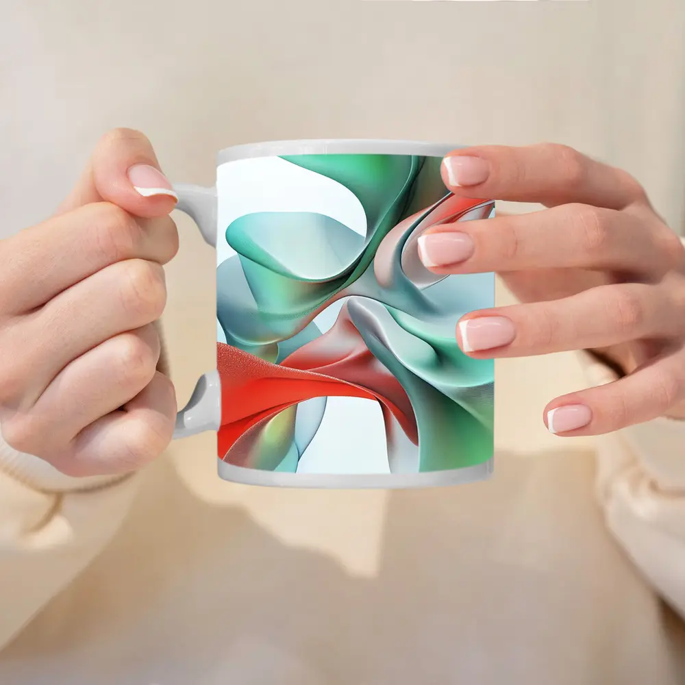 Flowing Coral Mint Abstract Sculptural Waves Art – Mugs