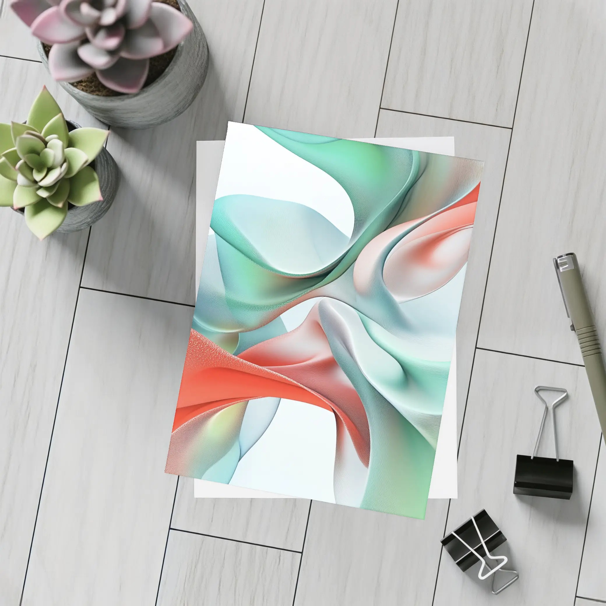 Flowing Coral Mint Abstract Sculptural Waves Art – Postcards