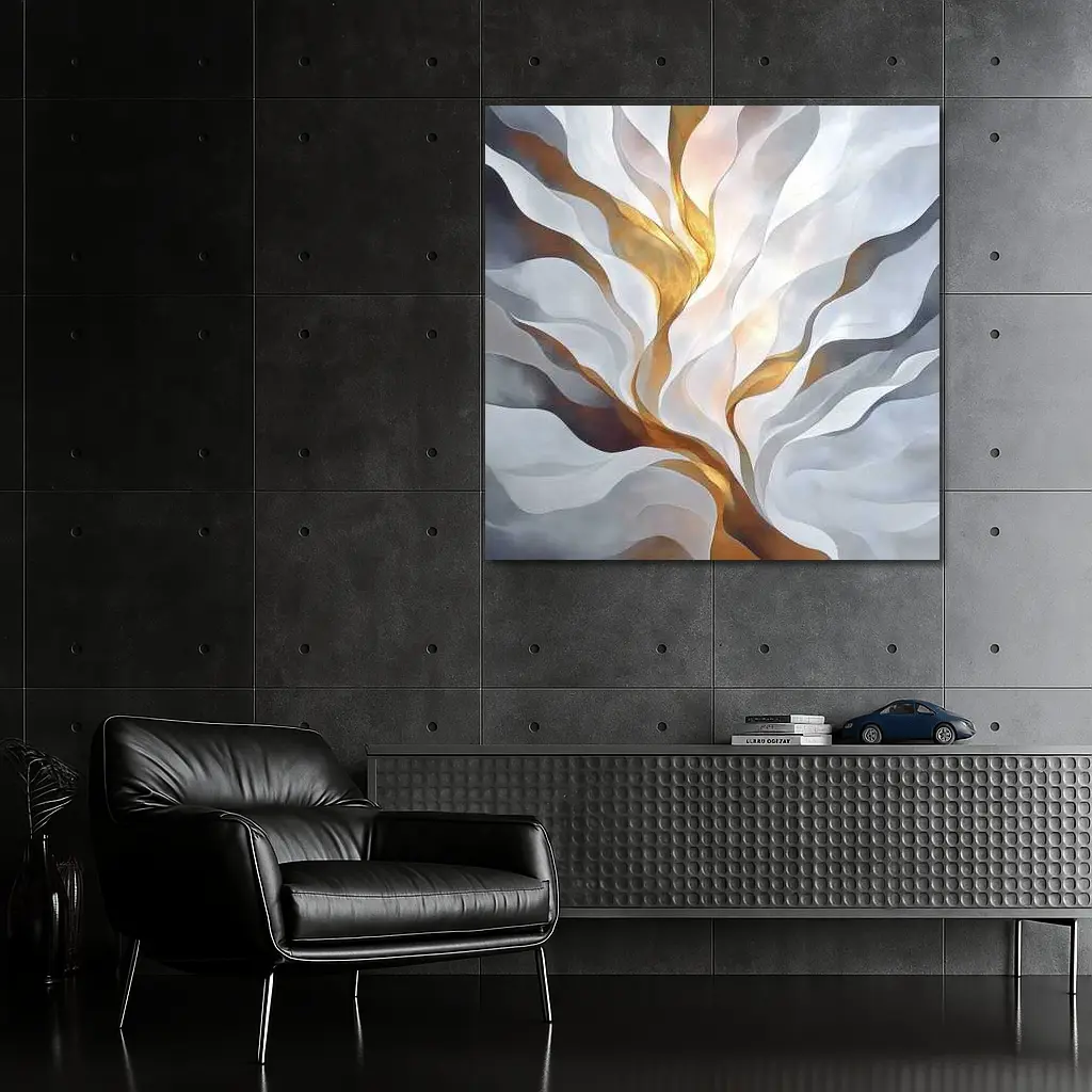 Abstract White Gold Flowing Waves Art – Wall Art