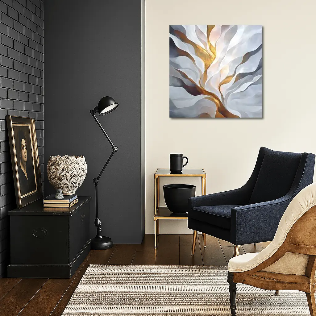 Abstract White Gold Flowing Waves Art – Wall Art