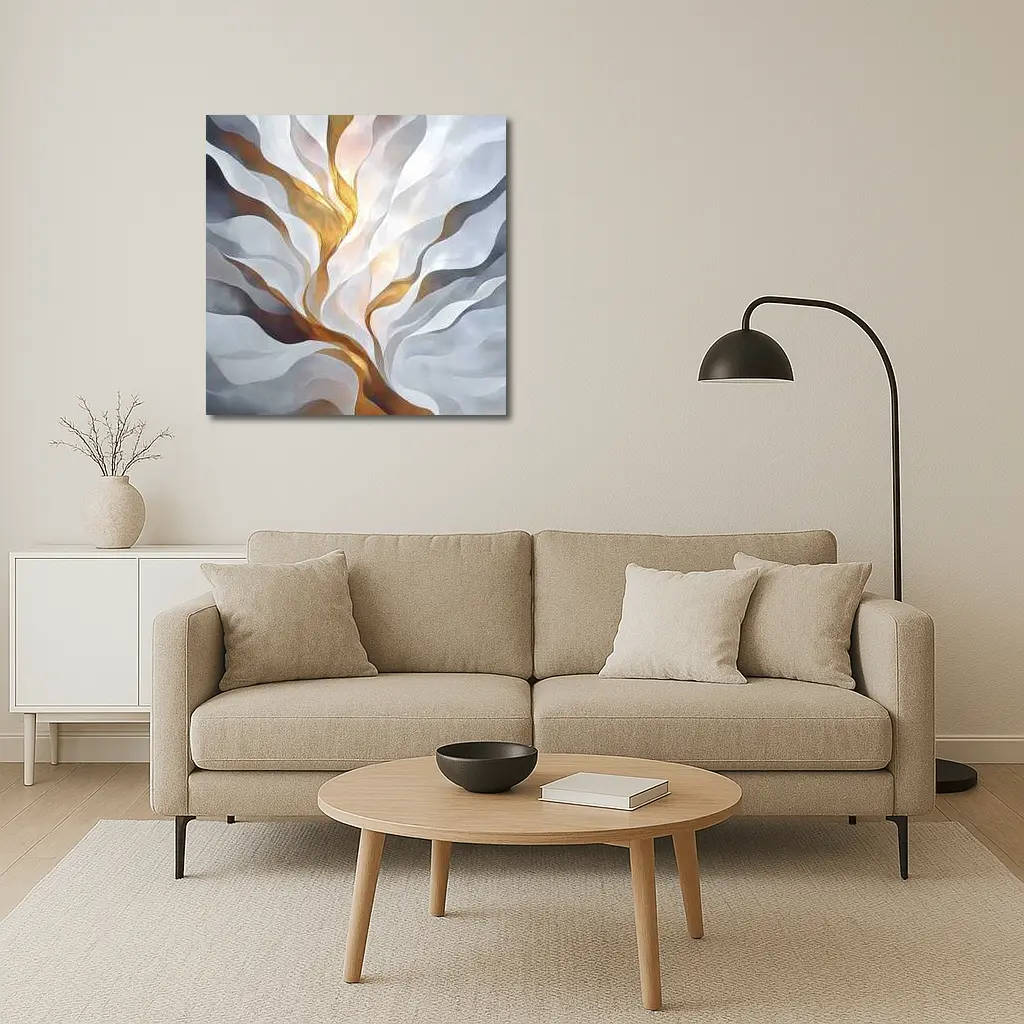 Abstract White Gold Flowing Waves Art – Wall Art