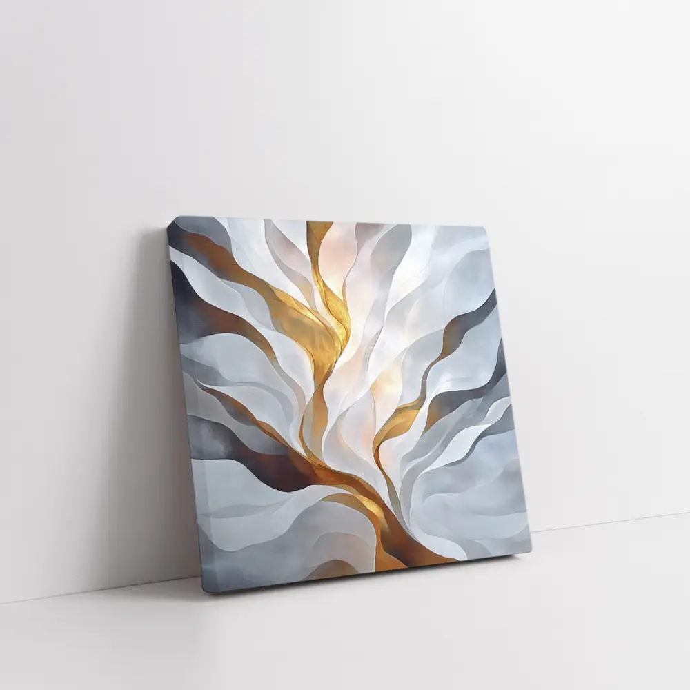 Abstract White Gold Flowing Waves Art – Wall Art