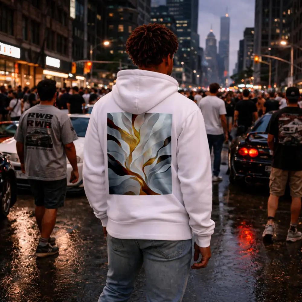 Abstract White Gold Flowing Waves Art – Hoodies
