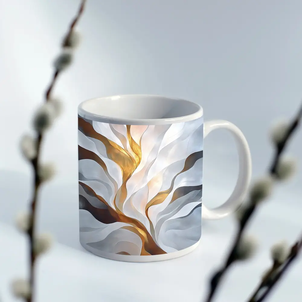 Abstract White Gold Flowing Waves Art – Mugs