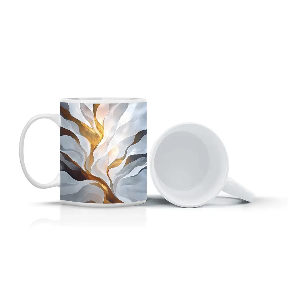 Abstract White Gold Flowing Waves Art – Mugs