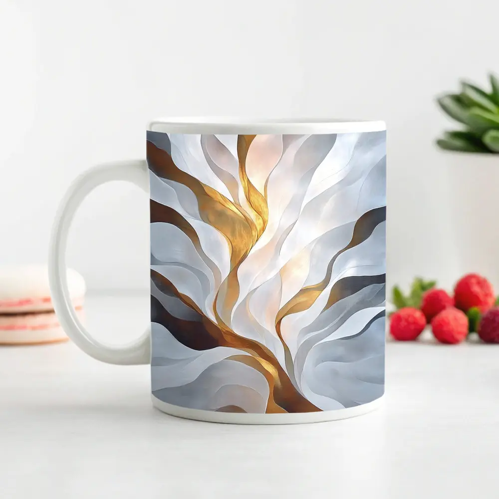 Abstract White Gold Flowing Waves Art – Mugs