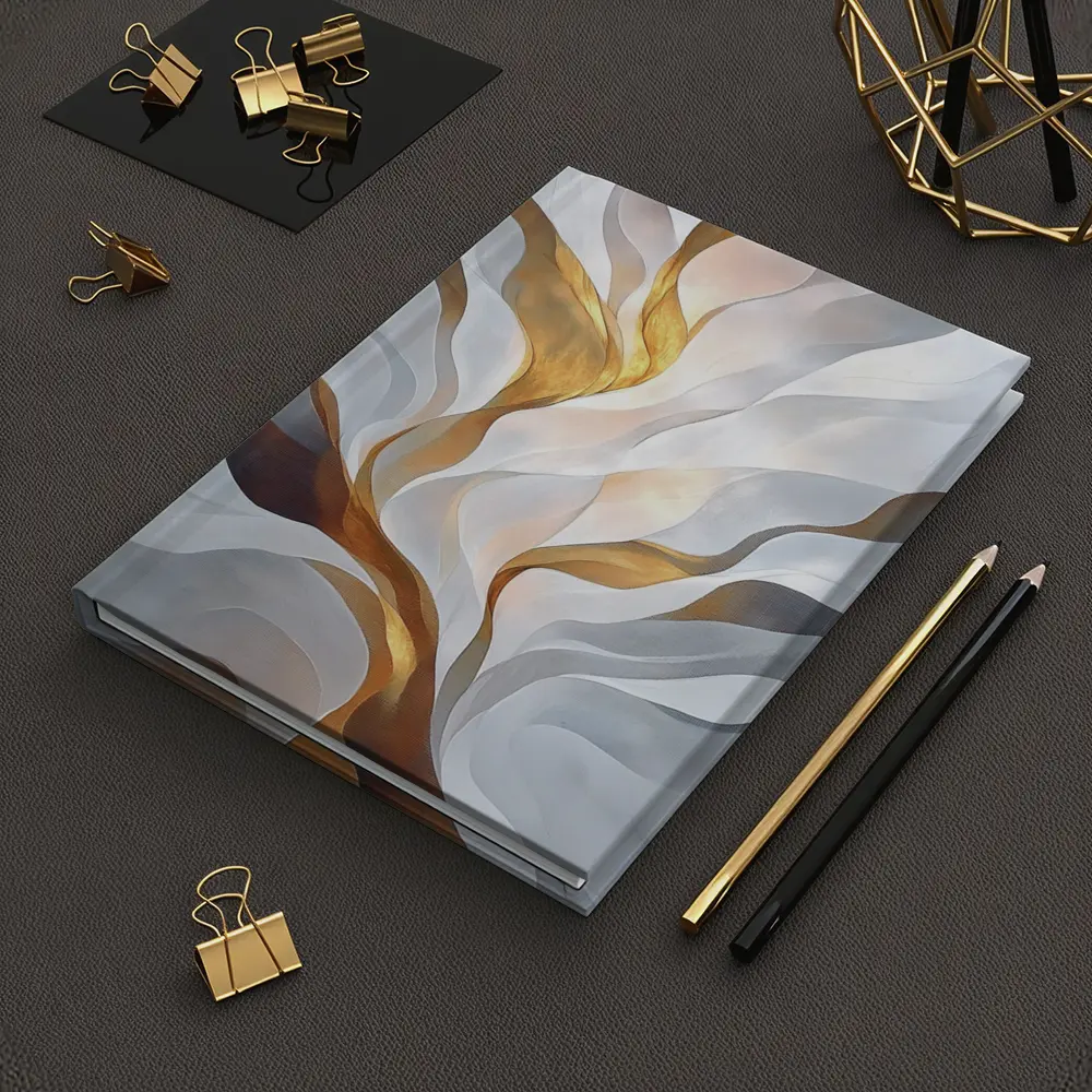 Abstract White Gold Flowing Waves Art – Notebooks