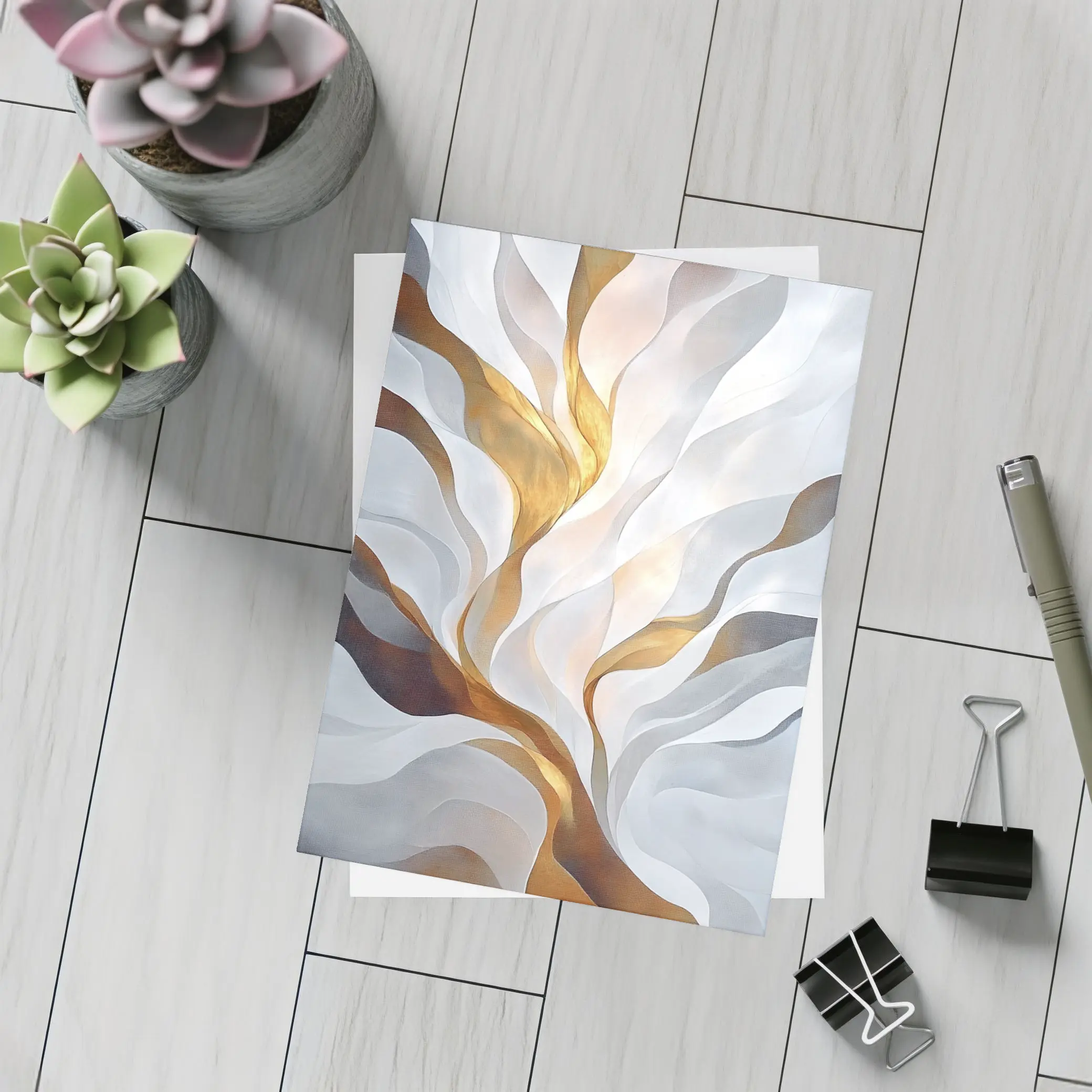 Abstract White Gold Flowing Waves Art – Postcards
