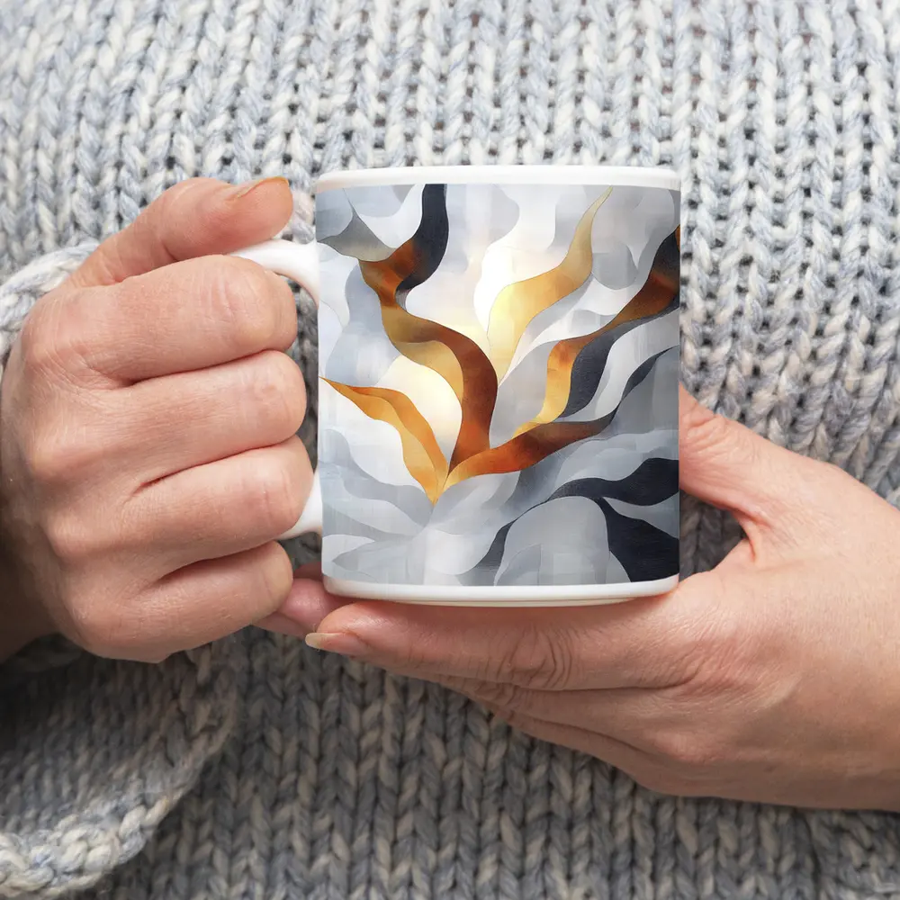Abstract Gray Gold Flowing Ribbon Wave Art – Mugs