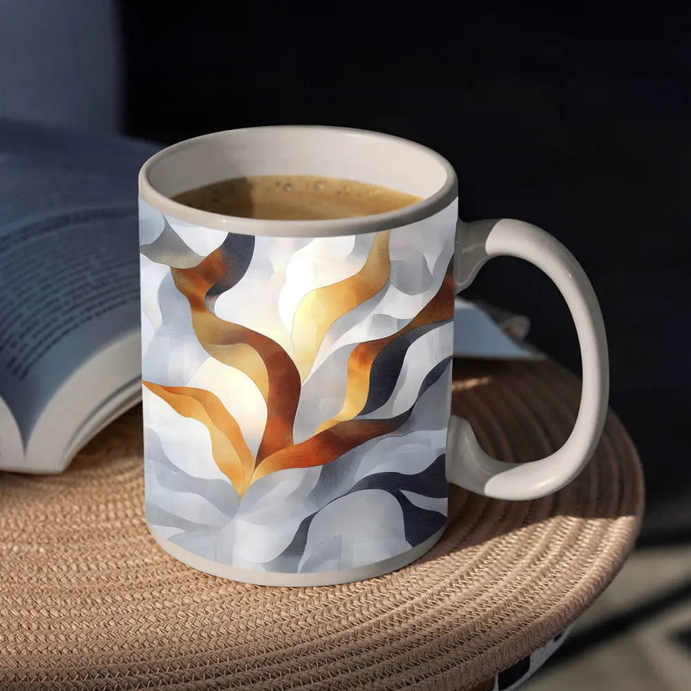 Abstract Gray Gold Flowing Ribbon Wave Art – Mugs