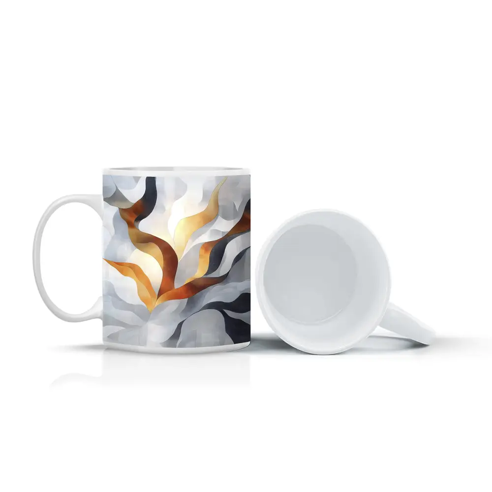 Abstract Gray Gold Flowing Ribbon Wave Art – Mugs