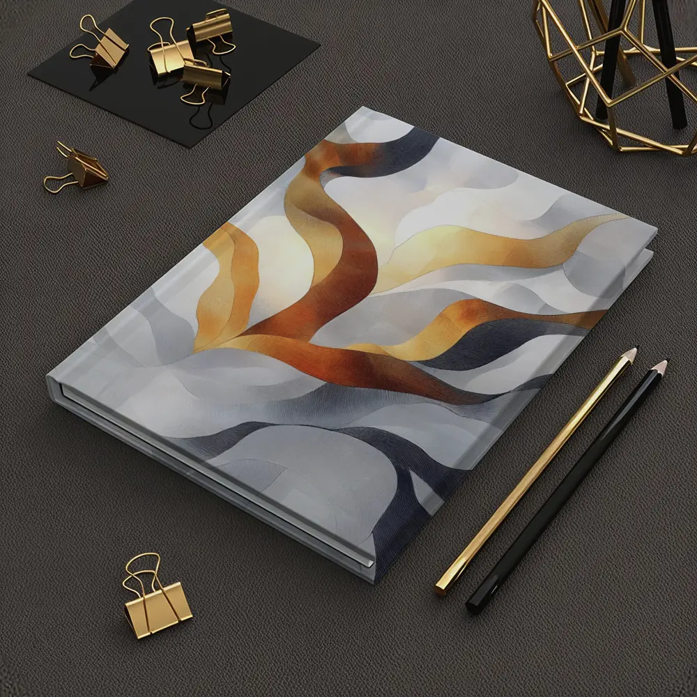Abstract Gray Gold Flowing Ribbon Wave Art – Notebooks