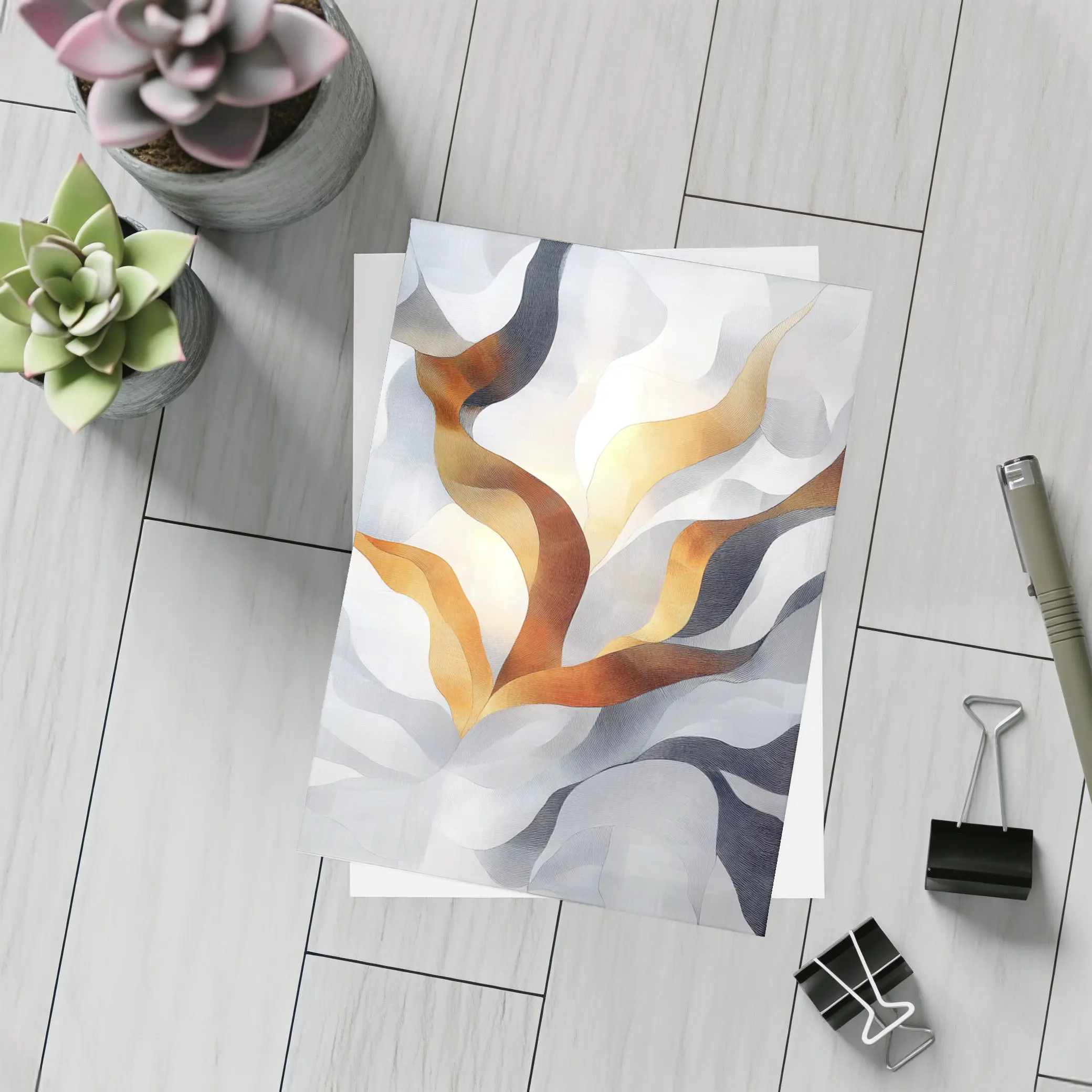 Abstract Gray Gold Flowing Ribbon Wave Art – Postcards