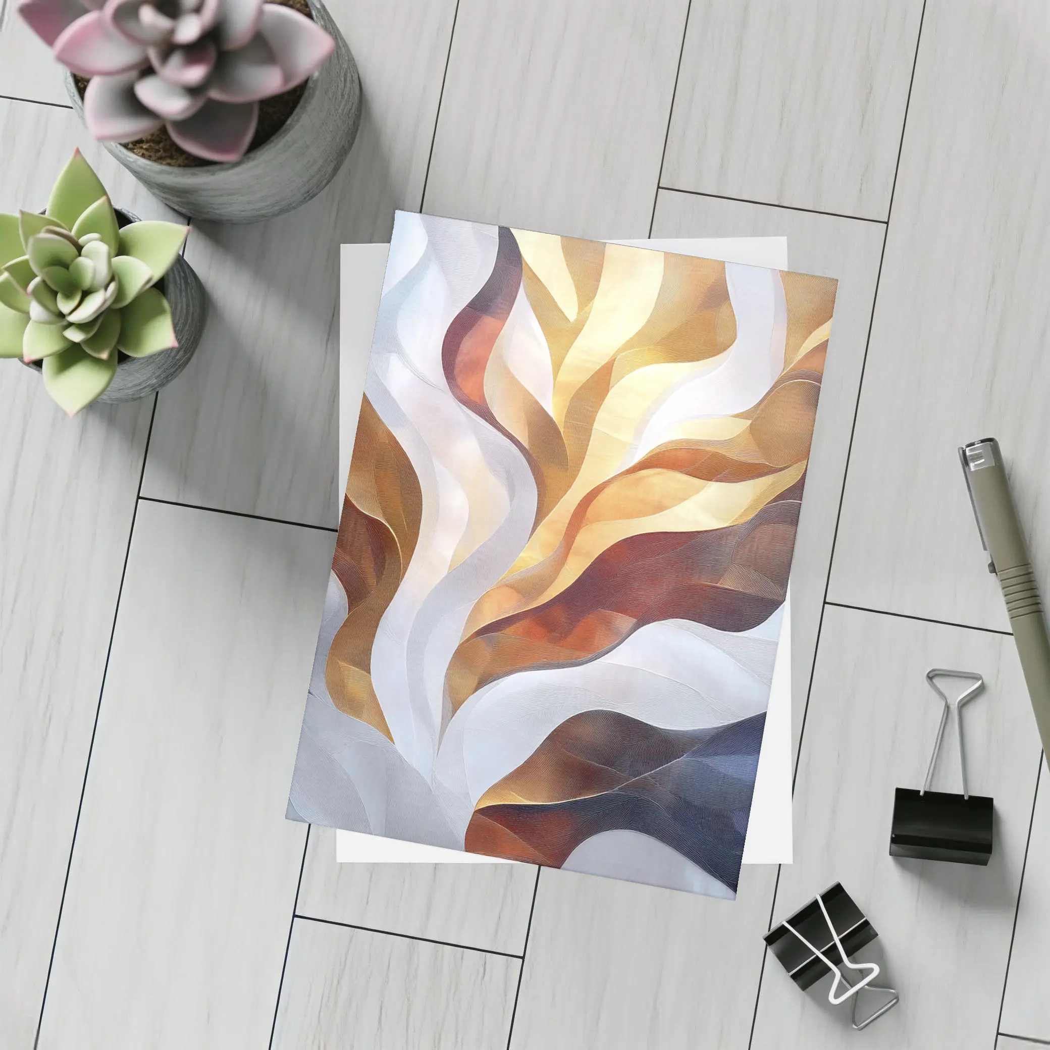 Abstract Flowing Waves Gold Brown Gray Art – Postcards