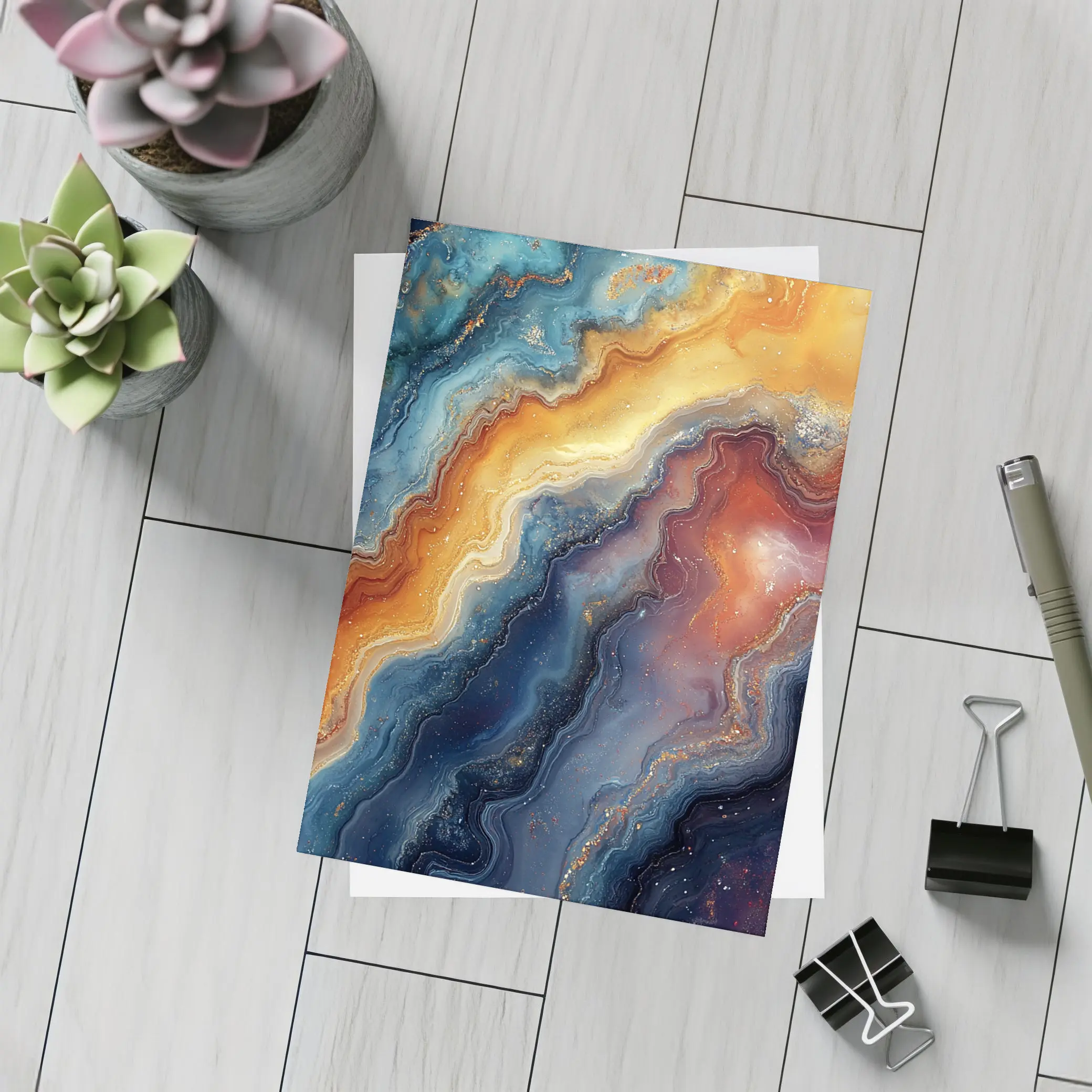 Abstract Marble Swirl Blue Orange Gold – Postcards