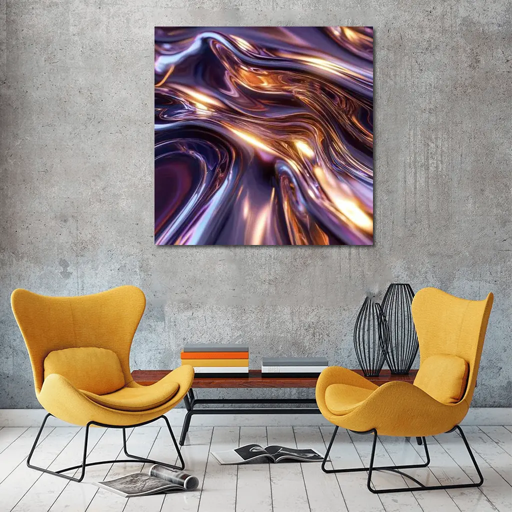 Liquid Metal Abstract Purple Gold Waves – Wall Art