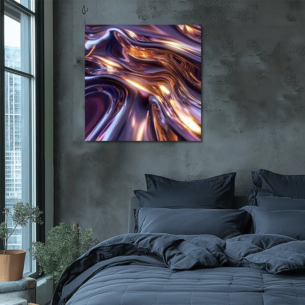 Liquid Metal Abstract Purple Gold Waves – Wall Art