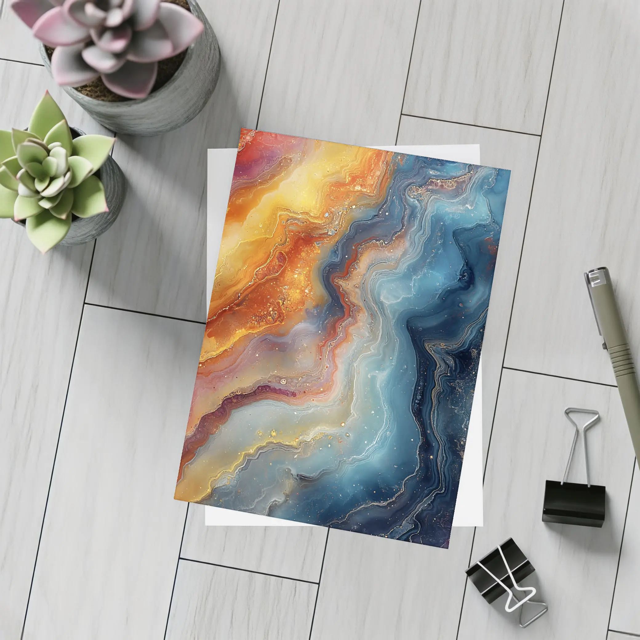 Abstract Fluid Art Galaxy Marble Blue Orange – Postcards
