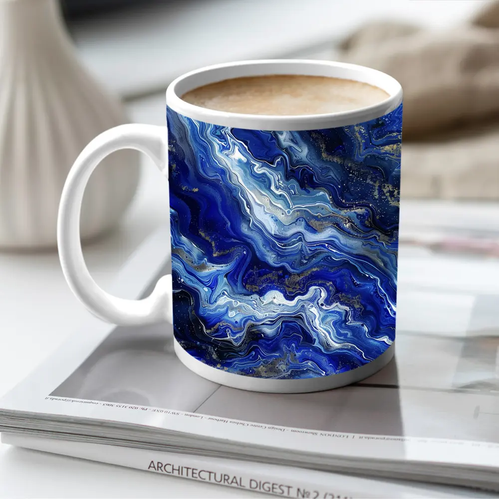 Blue Marble Abstract Flow Gold Accents – Mugs