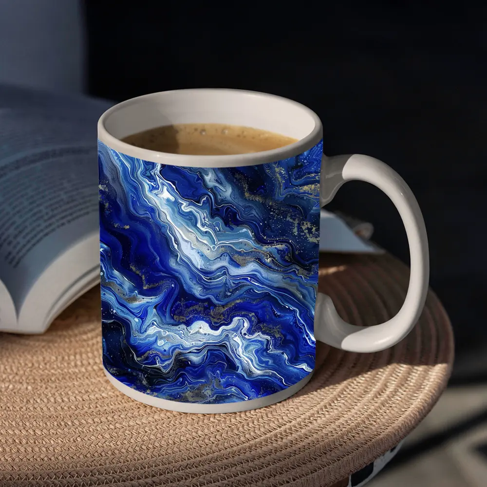 Blue Marble Abstract Flow Gold Accents – Mugs