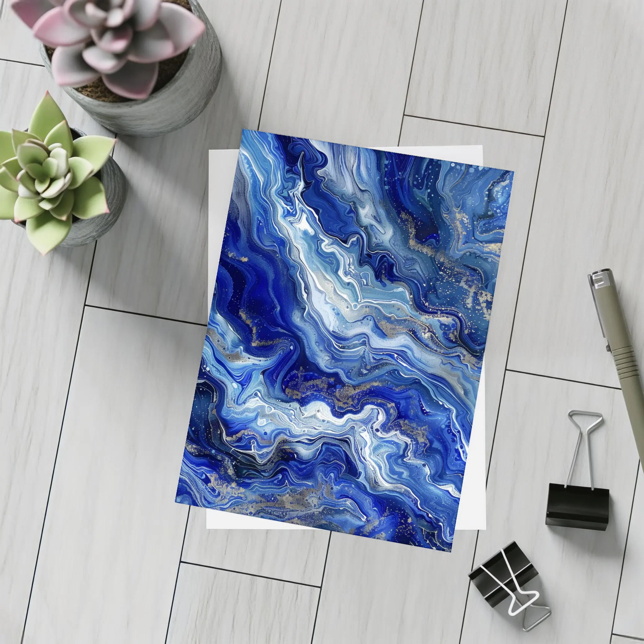 Blue Marble Abstract Flow Gold Accents – Postcards