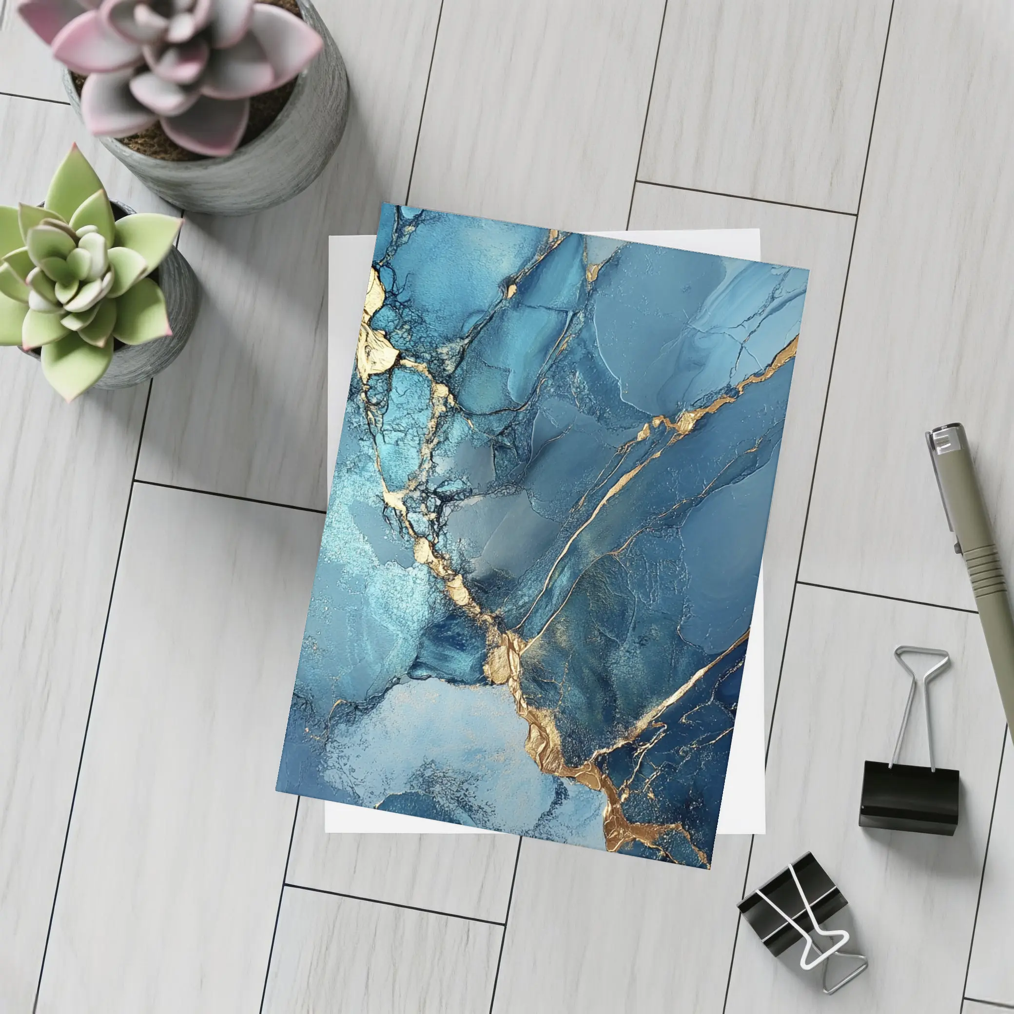 Blue Gold Marble Abstract Art Print – Postcards