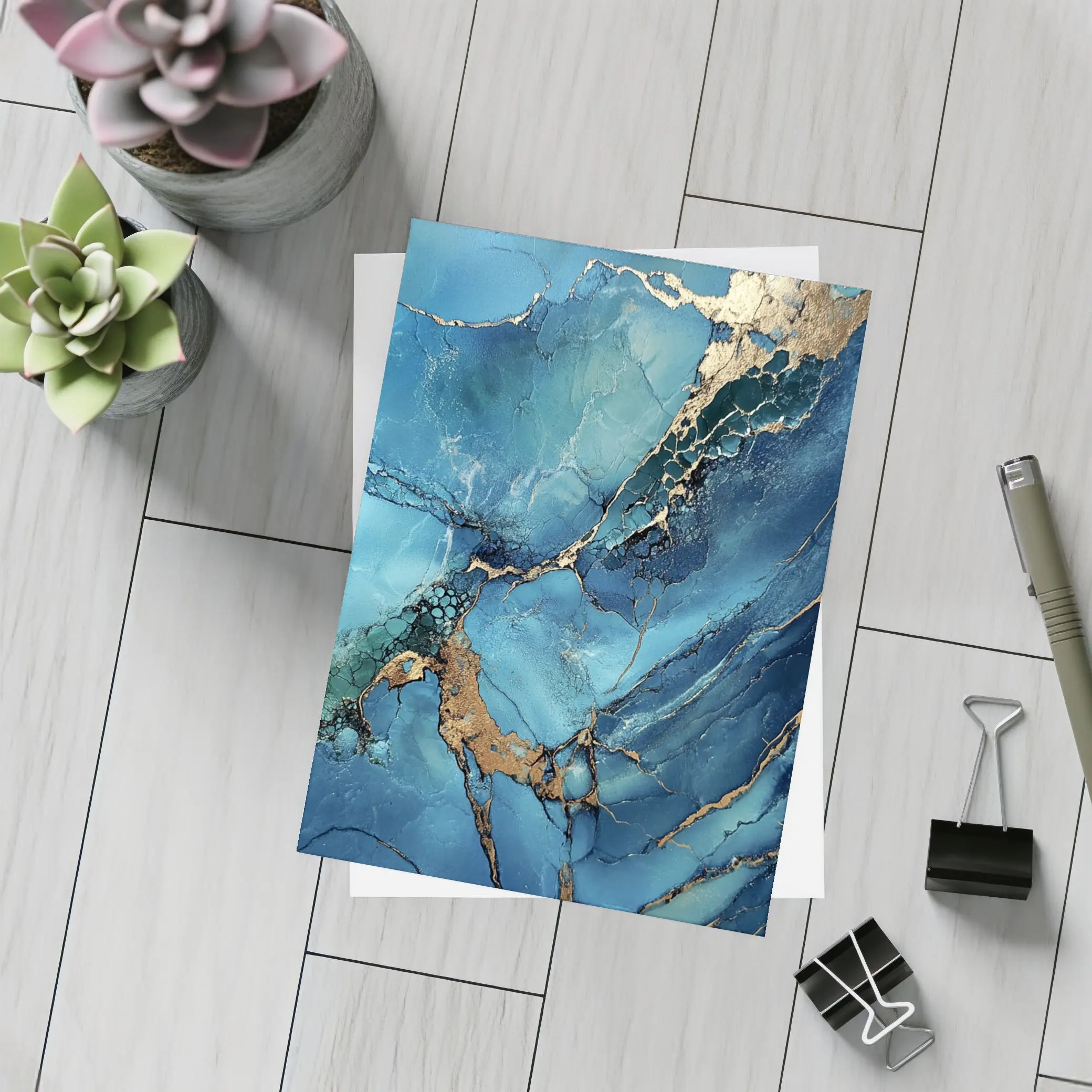 Blue Gold Marble Abstract Art Print – Postcards