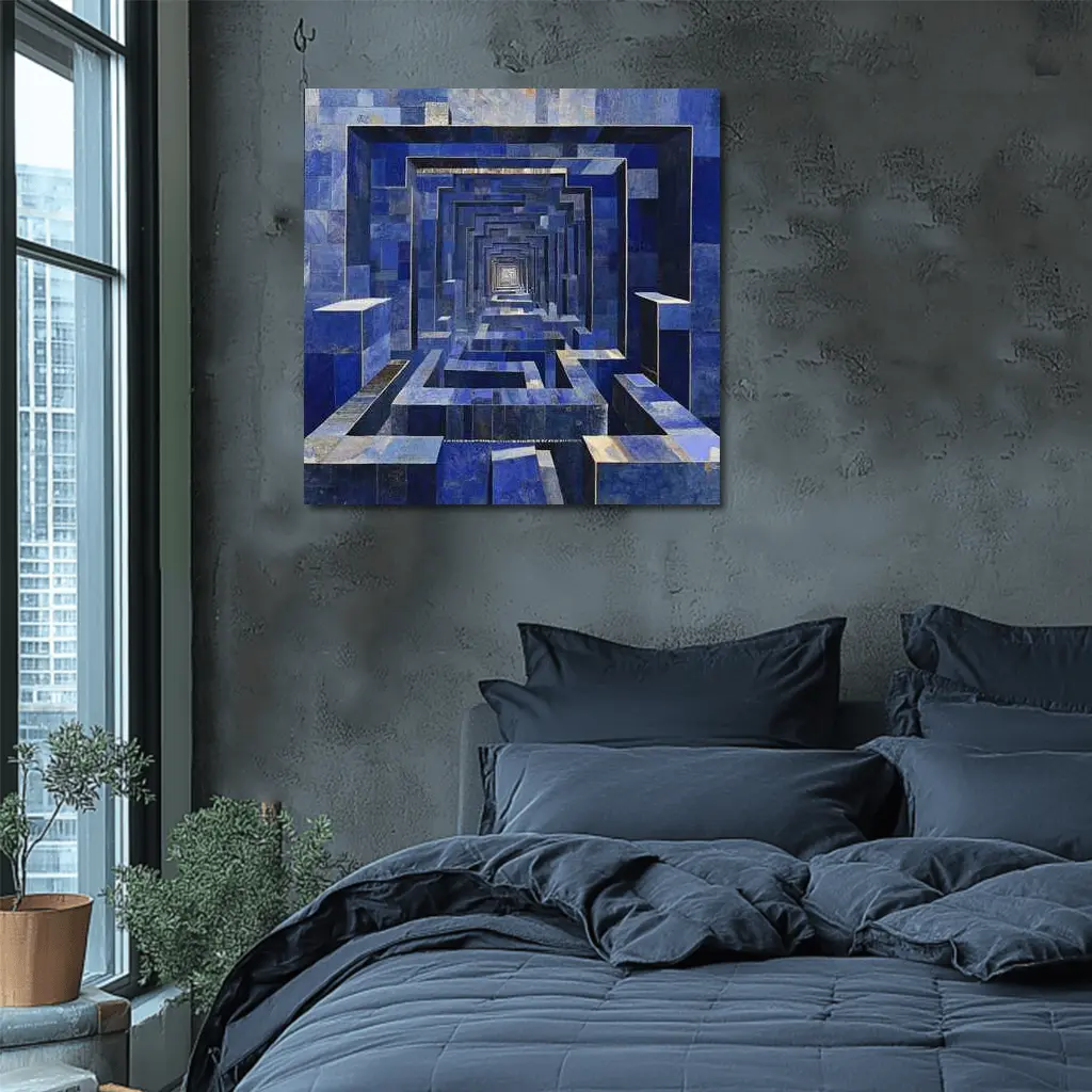 Blue Geometric Tunnel Abstract Cubist Architecture – Wall Art