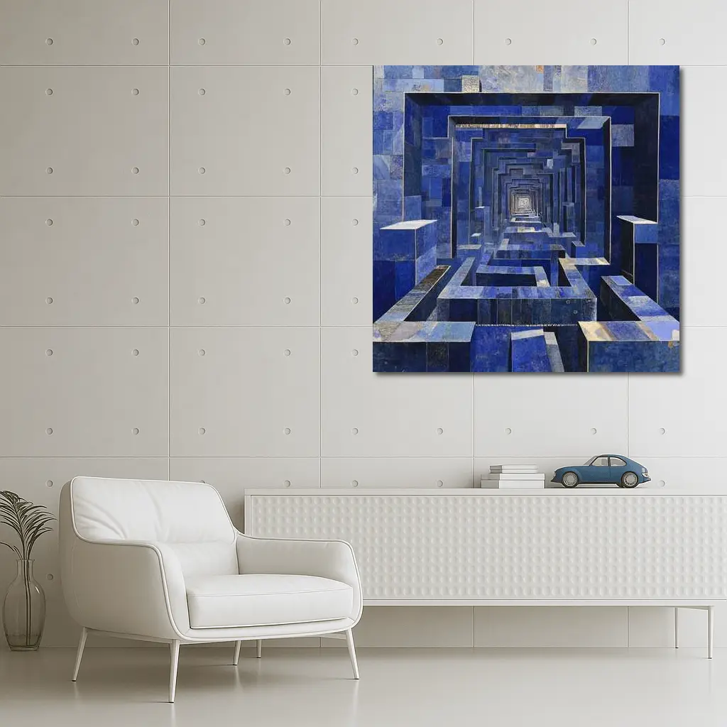 Blue Geometric Tunnel Abstract Cubist Architecture – Wall Art