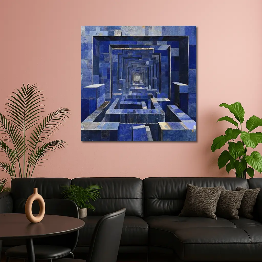 Blue Geometric Tunnel Abstract Cubist Architecture – Wall Art