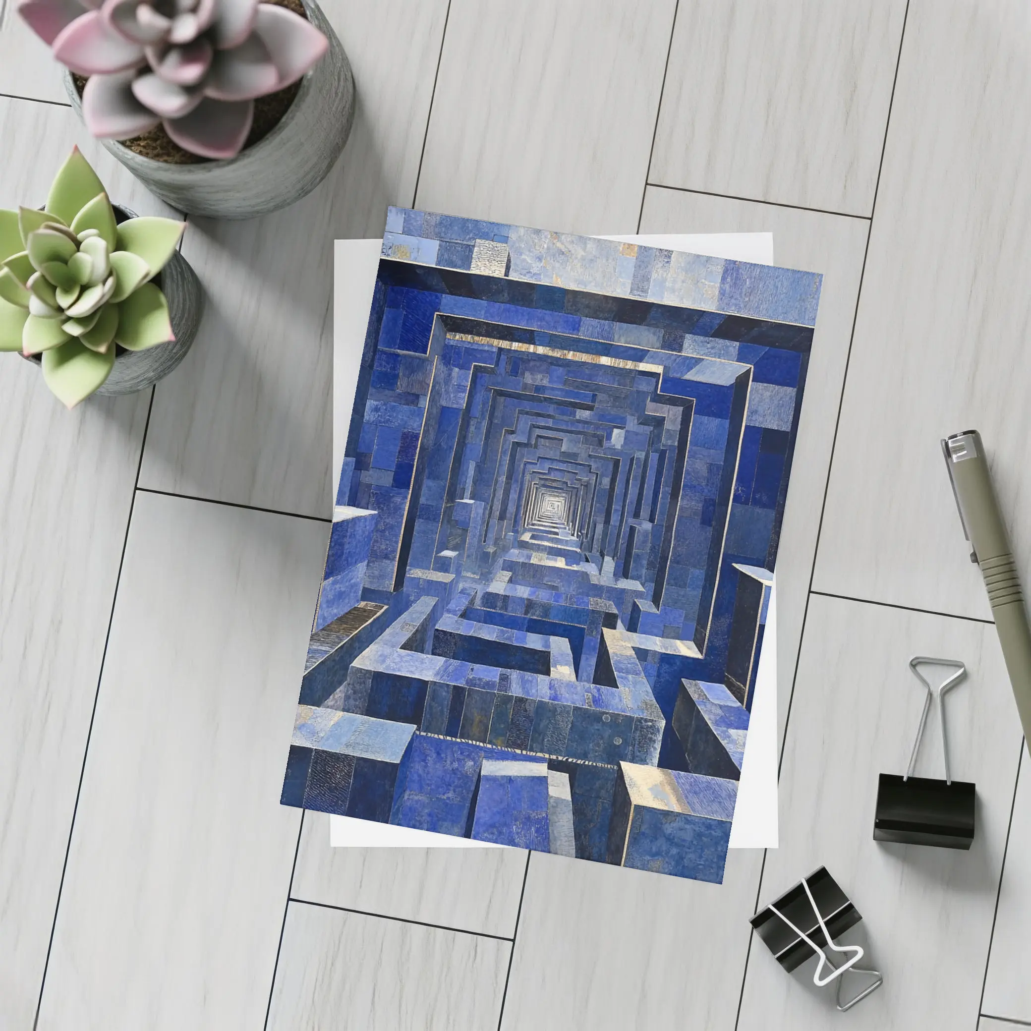 Blue Geometric Tunnel Abstract Cubist Architecture – Postcards