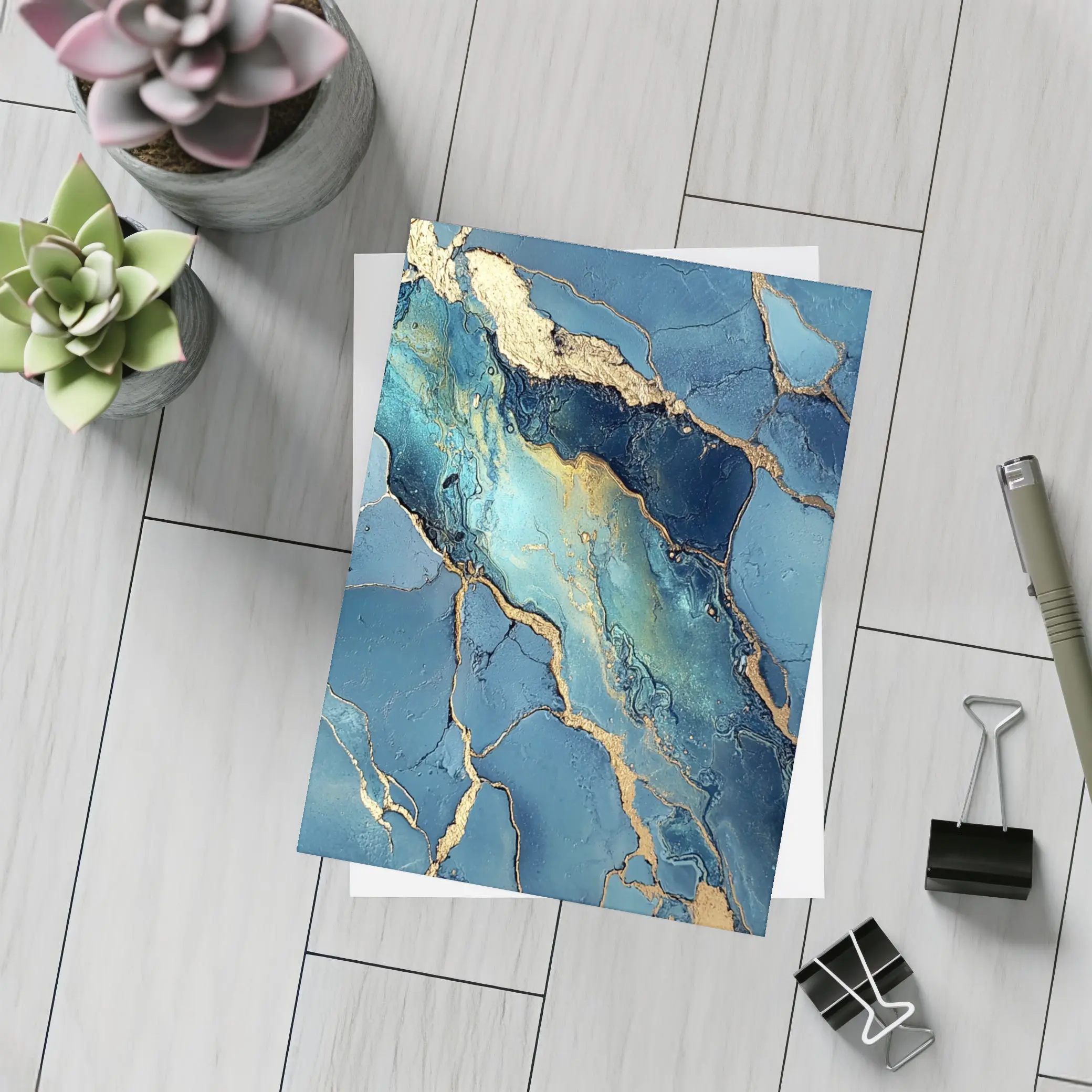 Blue Gold Marble Abstract Art Print – Postcards