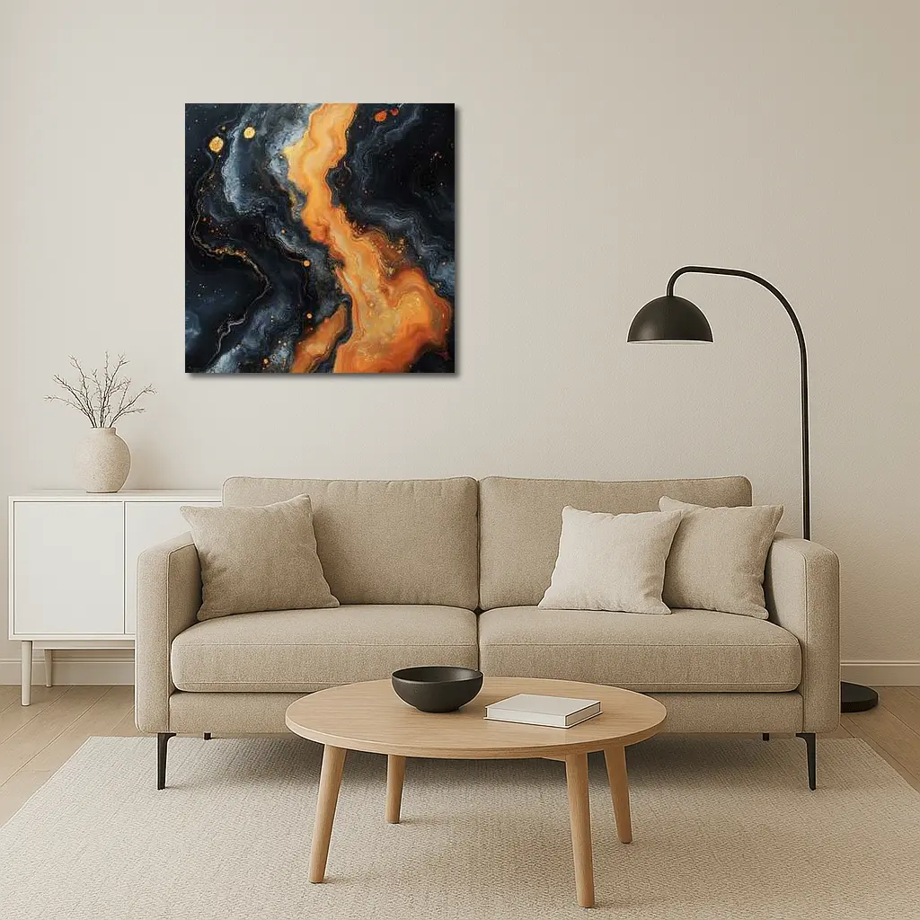 Dark Marble Abstract Orange Gold Fluid Art – Wall Art
