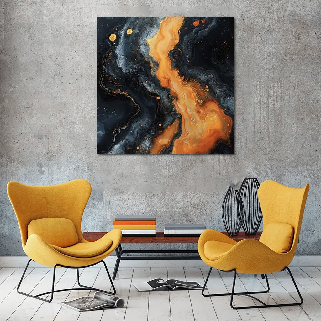 Dark Marble Abstract Orange Gold Fluid Art – Wall Art
