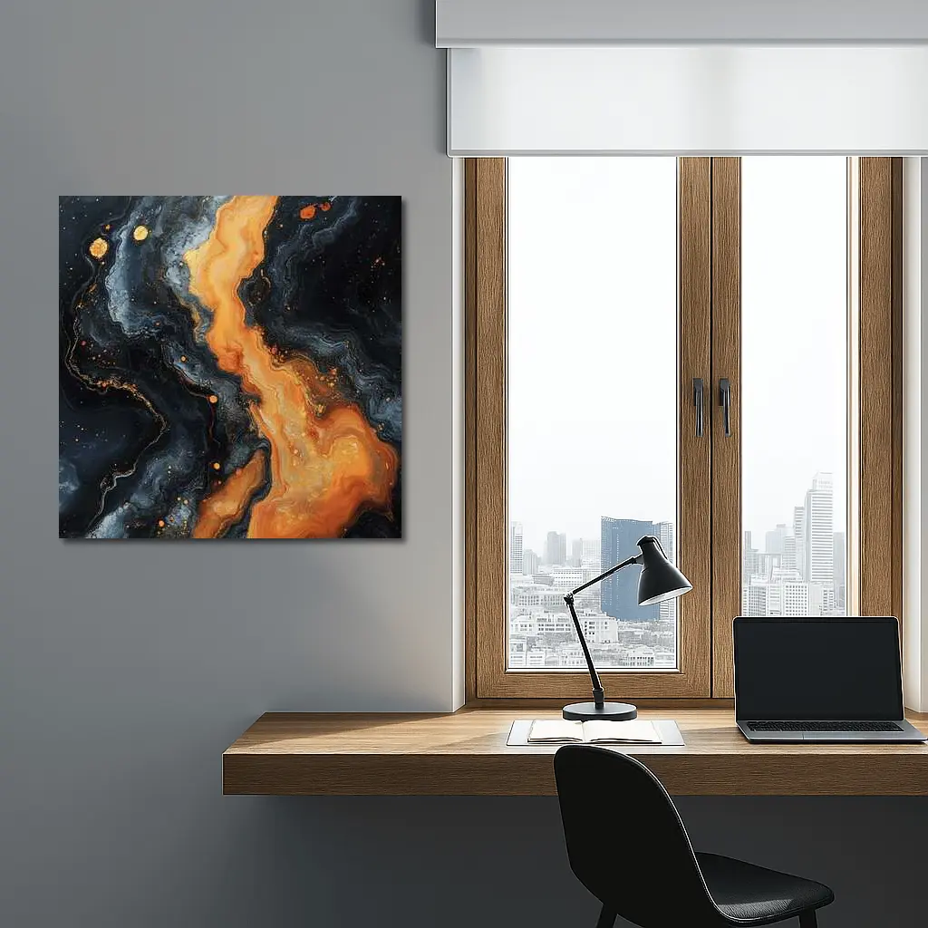 Dark Marble Abstract Orange Gold Fluid Art – Wall Art