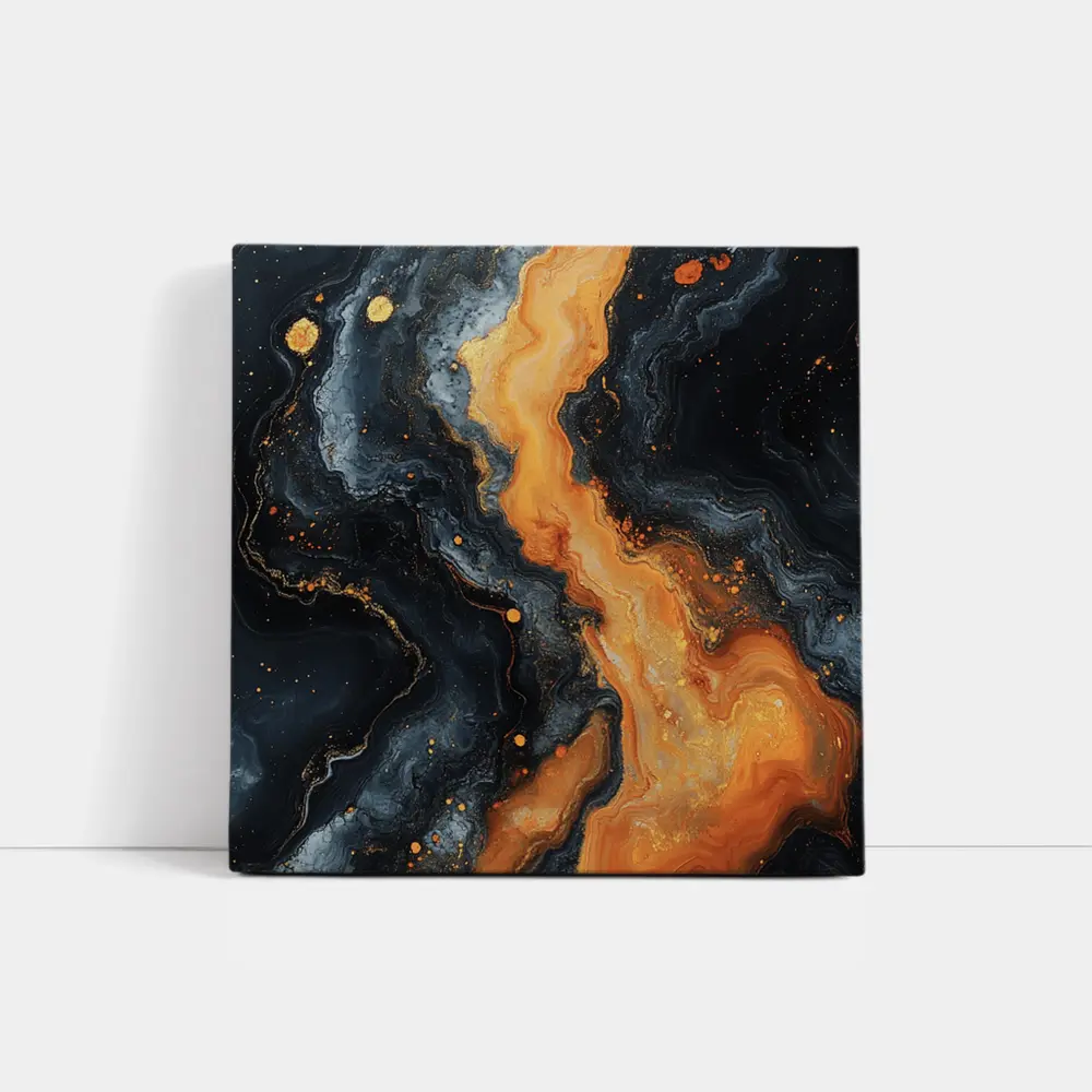 Dark Marble Abstract Orange Gold Fluid Art – Wall Art