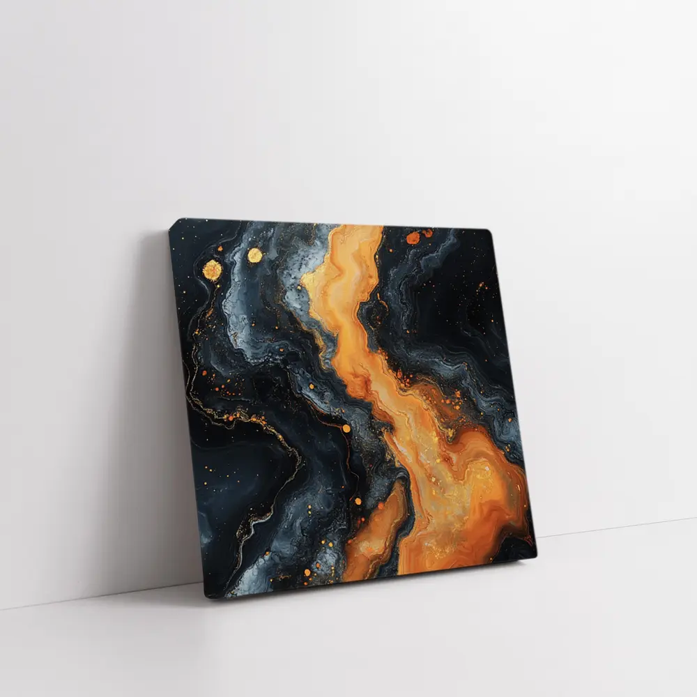 Dark Marble Abstract Orange Gold Fluid Art – Wall Art