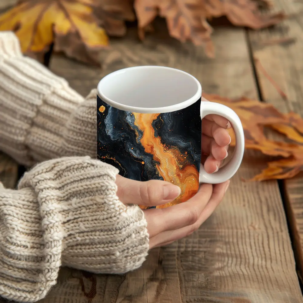 Dark Marble Abstract Orange Gold Fluid Art – Mugs