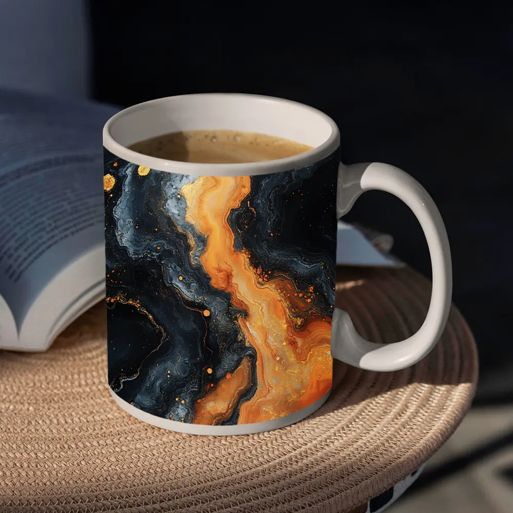 Dark Marble Abstract Orange Gold Fluid Art – Mugs