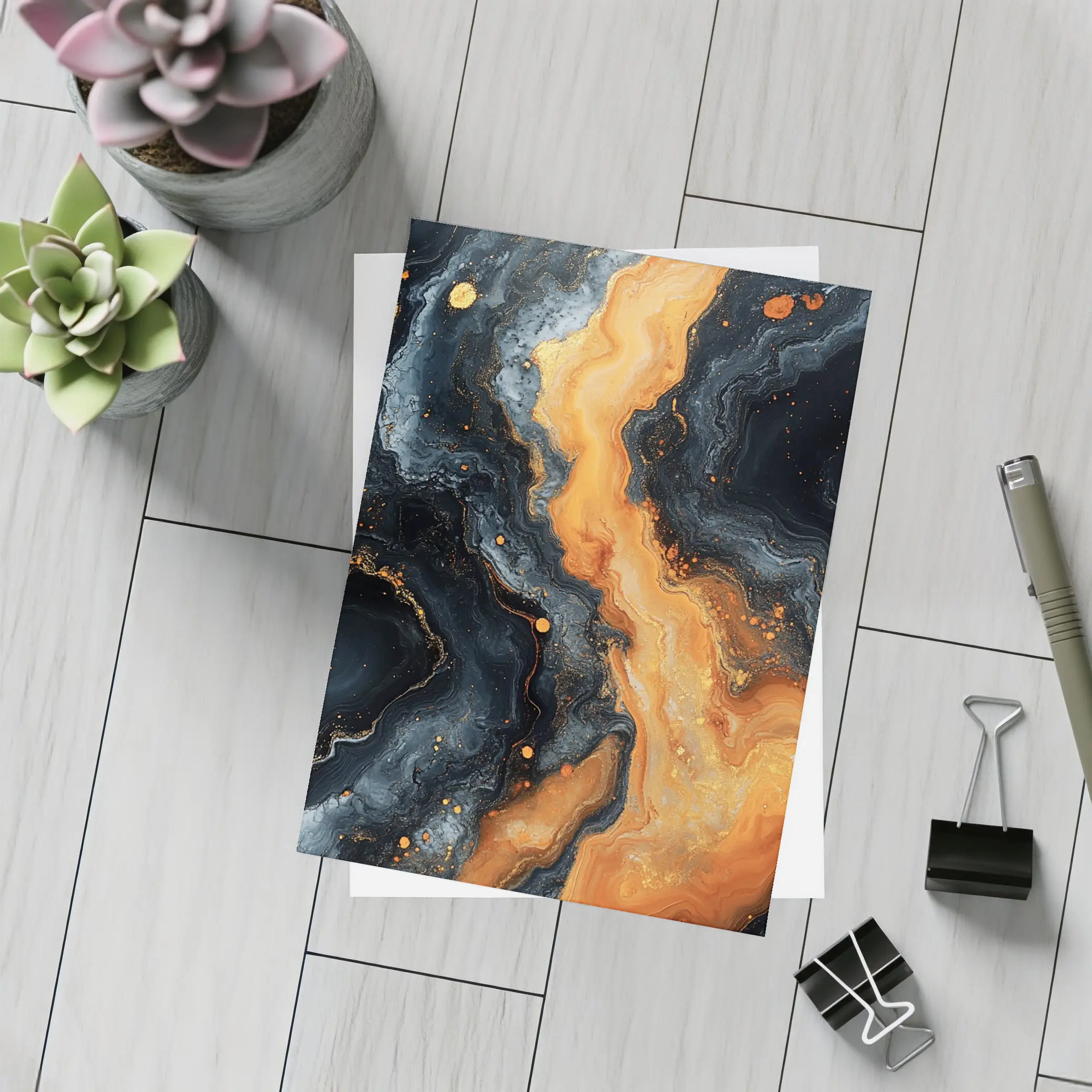 Dark Marble Abstract Orange Gold Fluid Art – Postcards