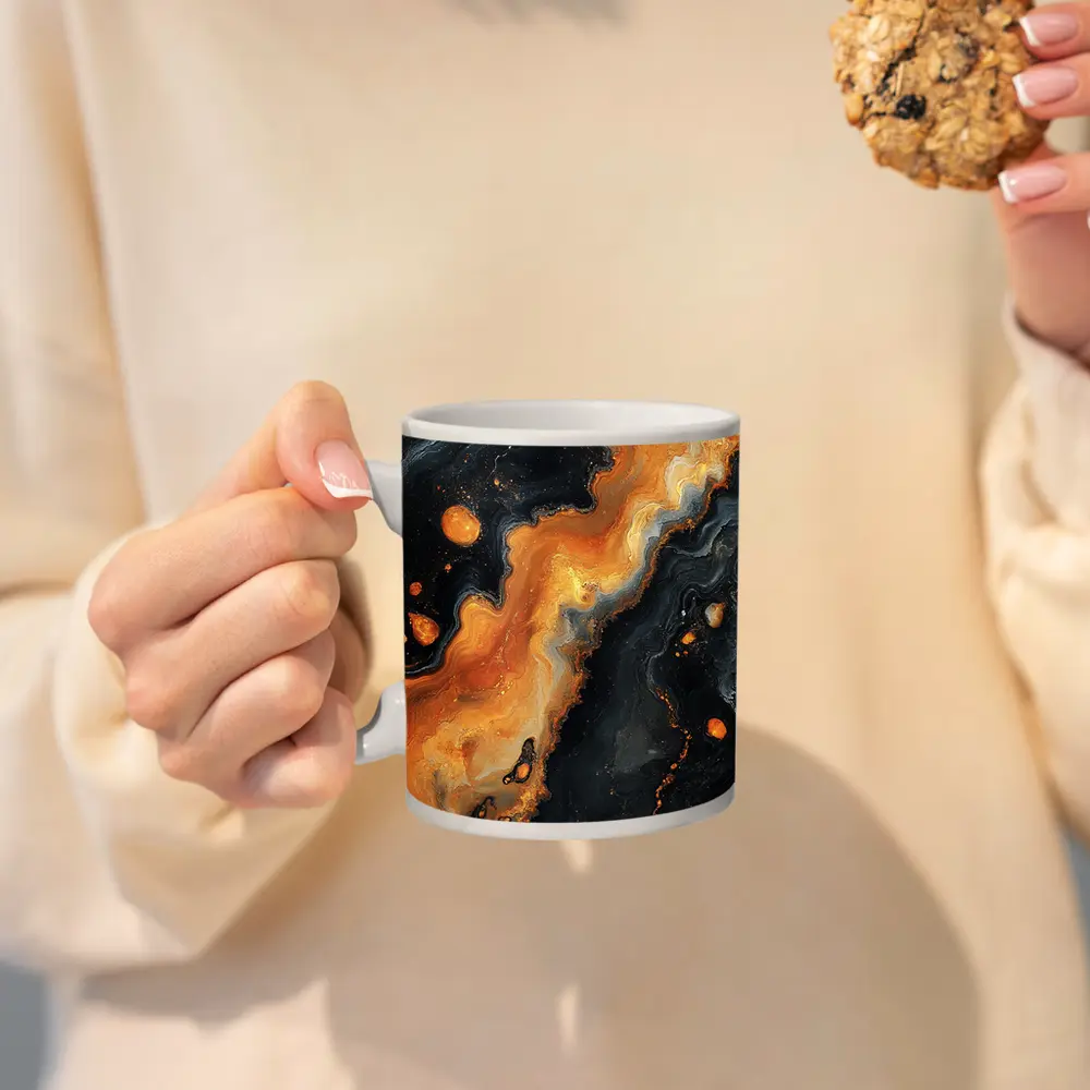 Black Orange Abstract Fluid Art Painting – Mugs