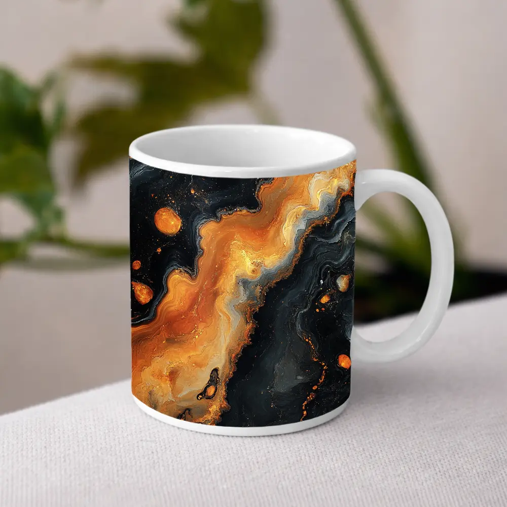 Black Orange Abstract Fluid Art Painting – Mugs