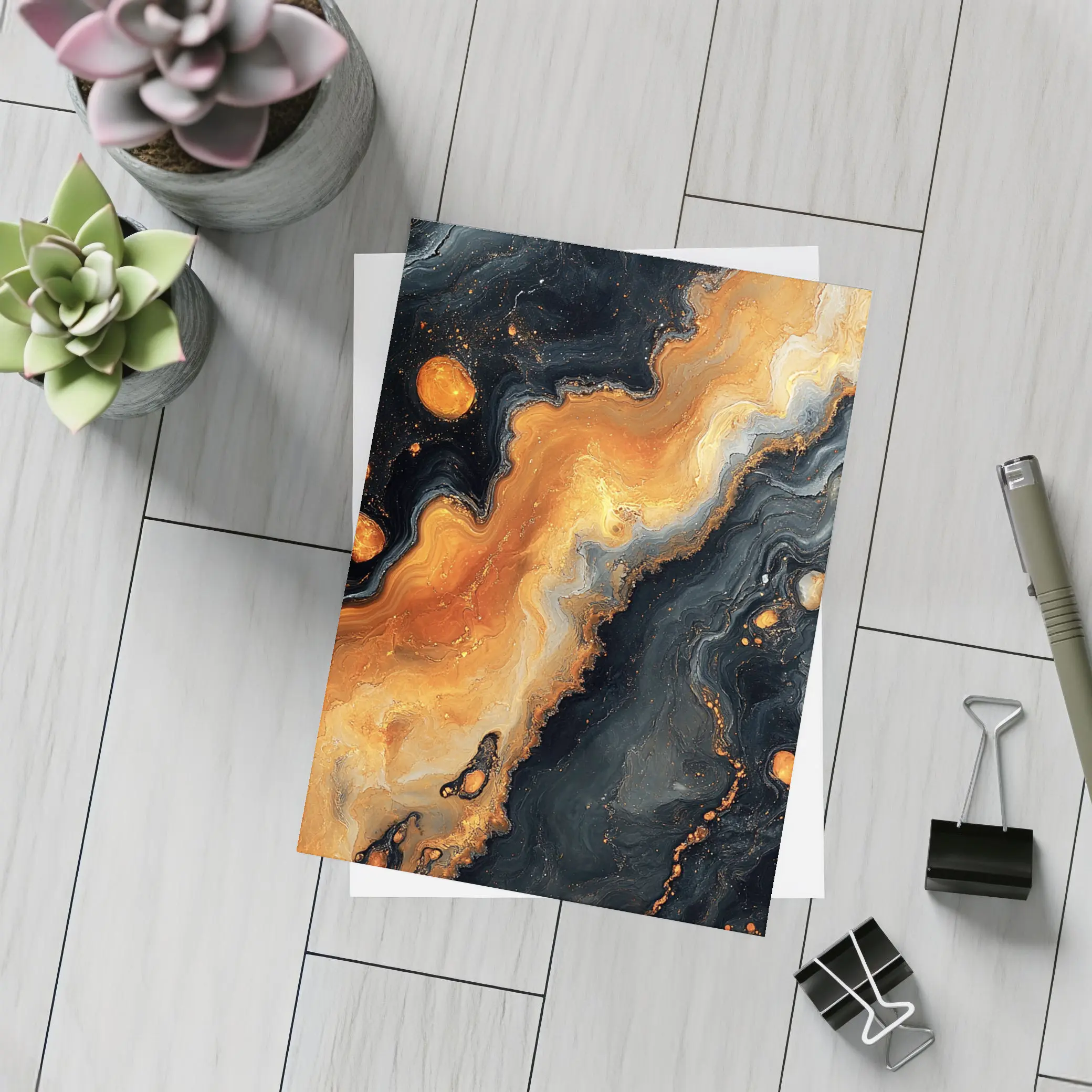 Black Orange Abstract Fluid Art Painting – Postcards