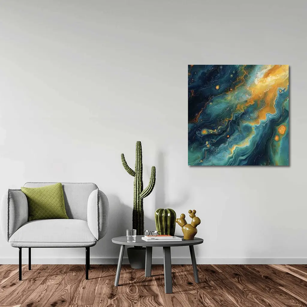 Teal Gold Abstract Marble Fluid Art – Wall Art